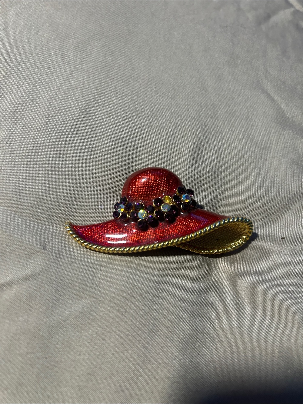 kate spade Red Enamel Hat Brooch with Gold Trim and Gem Flowers